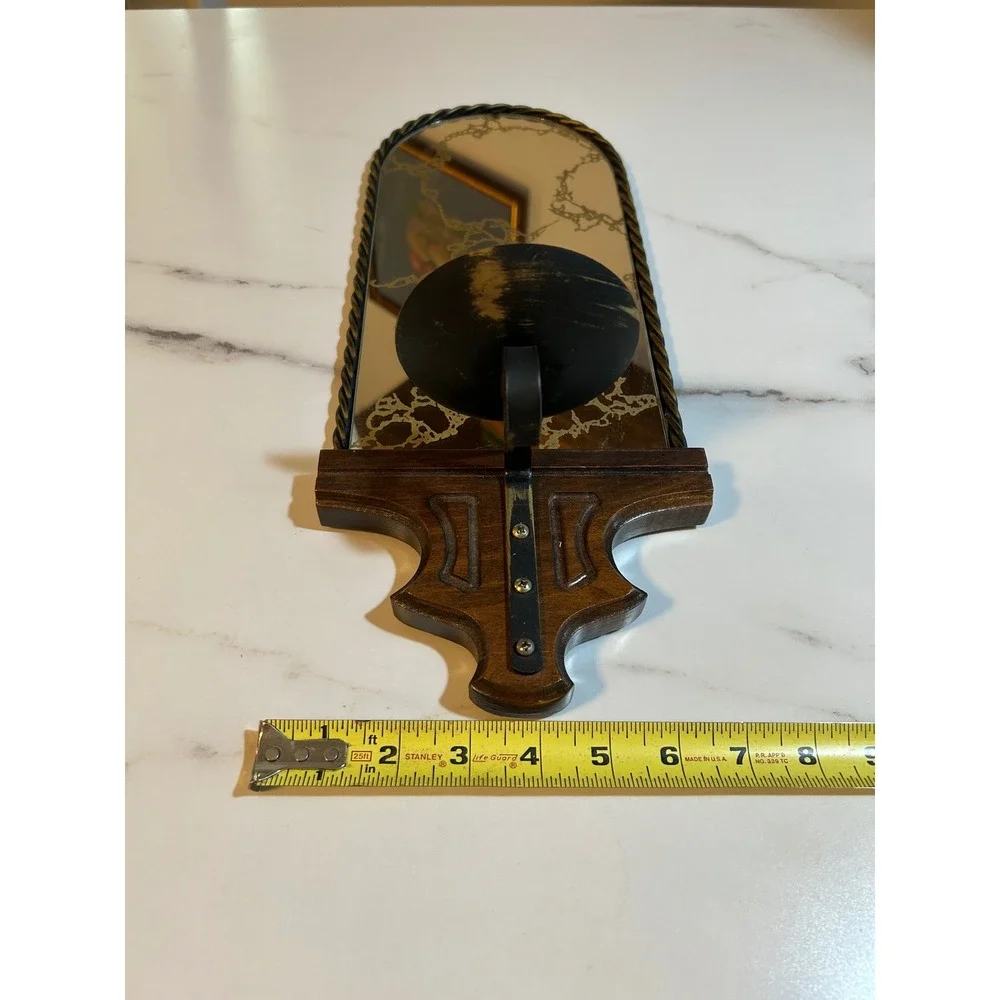 Vintage Wood Mirror Wall Sconce Candle Holder Amber Hobnail Glass Peg Votive